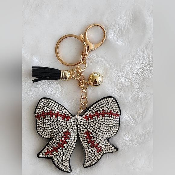Accessories - Baseball Black White and Red Bow Keychain Bag Charm